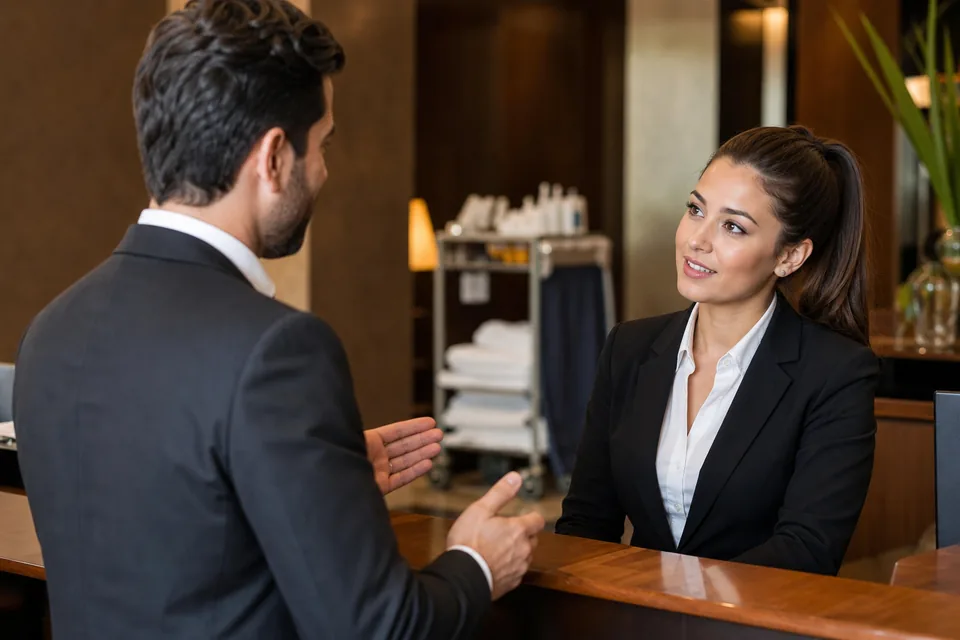 Kierownik hotelu wprowadza nową recepcjonistkę przy recepcji
